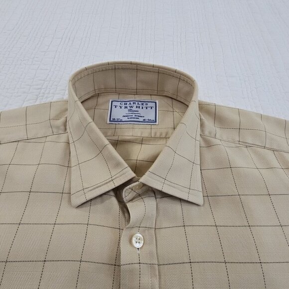 Charles Tyrwhitt French Cuff Shirt Men's 18/37 Tan Windowpane Classic Fit EUC - Picture 7 of 13